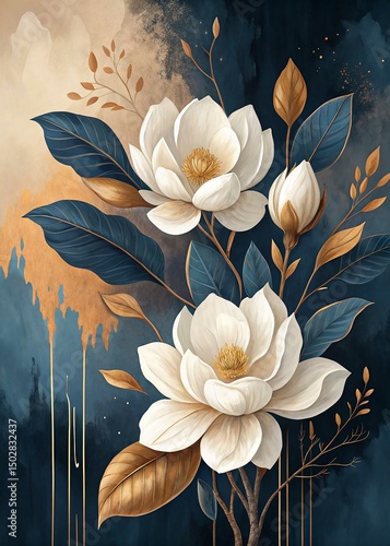 Elegant white magnolia blooms gracefully amidst dark blue and gold foliage details