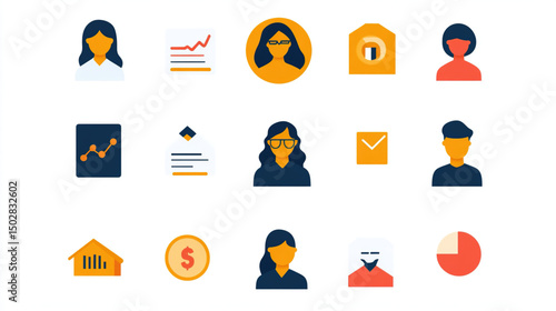 Simple flat business icon set in bright colors and clean lines covering corporate themes such as finance, teamwork and growth isolated on white background. Modern vector style design