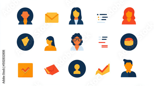 Simple flat business icon set in bright colors and clean lines covering corporate themes such as finance, teamwork and growth isolated on white background. Modern vector style design