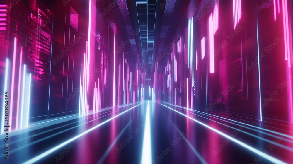 Futuristic corridor with glowing neon lights in shades of pink and blue Futuristic corridor with glowing neon lights in shades of pink and blue