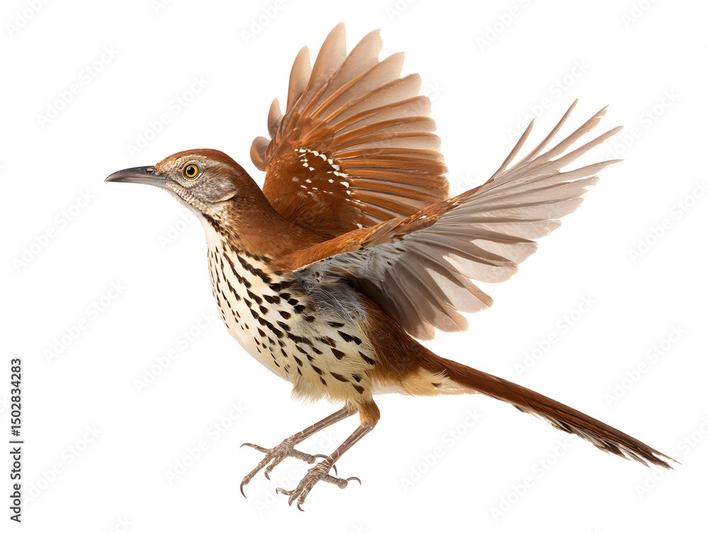 Fototapeta premium Brown Thrasher in Flight: A brown thrasher bird takes flight, wings spread wide, showcasing its speckled brown plumage and elegant posture.