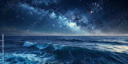 The milky way and starry sky illuminate waves crashing gently on ocean water below