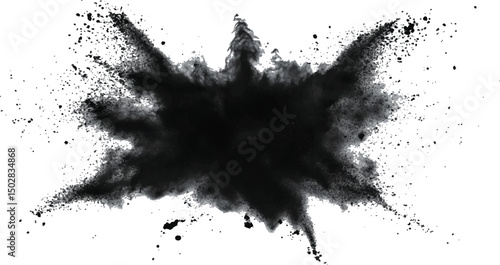 Black powder explosion on white background. Black dust explodes. Paint holi. Black vibrant rainbow holi paint color powder explosion with black colors isolated white background.