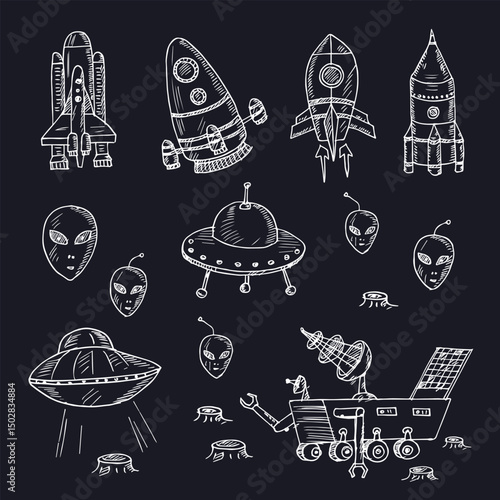 Spacecraft hand drawn doodle set. Isolated elements on white background. Symbol collection.