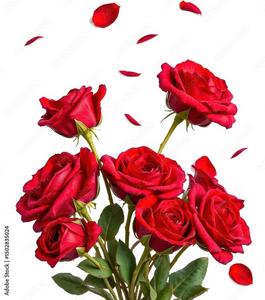 Fototapeta premium Withered red roses, petals falling, isolated on white, art, love
