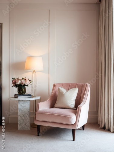 A blush pink velvet armchair in a light beige room.