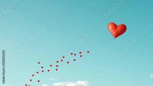 A vibrant red heart-shaped balloon floats against a clear blue sky, trailing smaller hearts below, symbolizing love