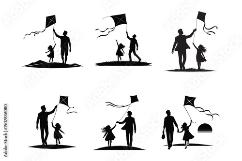 Father and daughter flying a kite silhouette set vector illustration