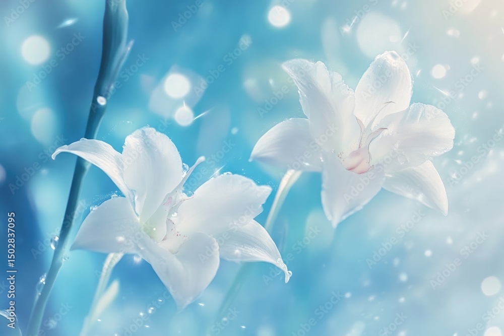 Fototapeta premium Delicate white flowers in a soft blue background