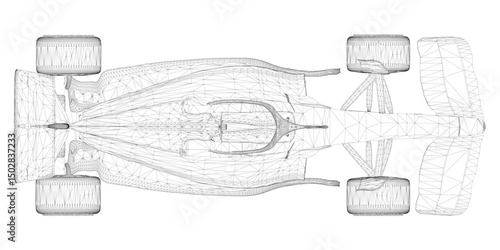 A drawing of a race car with a very detailed wheel. The drawing is in black and white and has a very detailed look to it. Top view. 3D