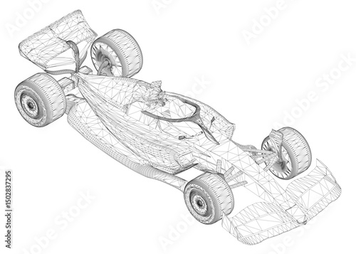 A drawing of a race car with a black and white background. The car is shown in a very detailed manner, with the wheels and tires clearly visible. Scene is one of focus and precision. Isometric view. 3