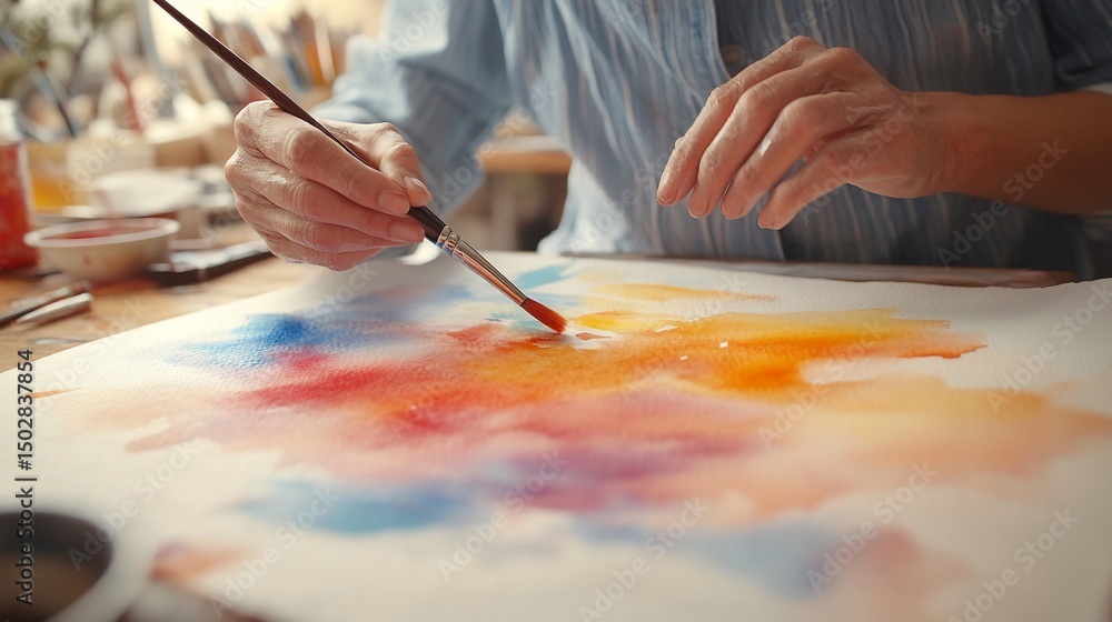 Obraz premium Watercolor Painting Artist's Hands at Work