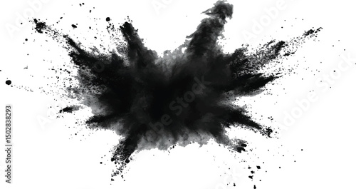 Black powder explosion on white background. Black dust explodes. Paint holi. Black vibrant rainbow holi paint color powder explosion with black colors isolated white background.