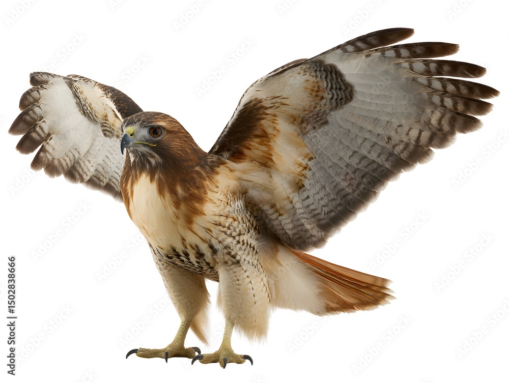 Obraz premium Red-tailed Hawk with Spread Wings: A majestic red-tailed hawk stands proudly with its wings fully spread, showcasing its powerful build and striking plumage.&nbsp;