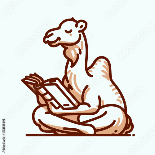 Intelligent Camel: A charming illustration depicts a wise camel engrossed in a book, capturing a moment of intellectual curiosity and leisure.