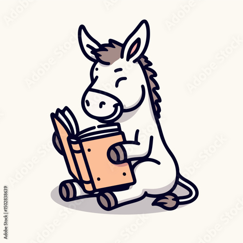 Donkey Reading a Book: A charming illustration of a cute, white donkey deeply engrossed in a book, capturing a whimsical scene of joy and the pleasure of reading.