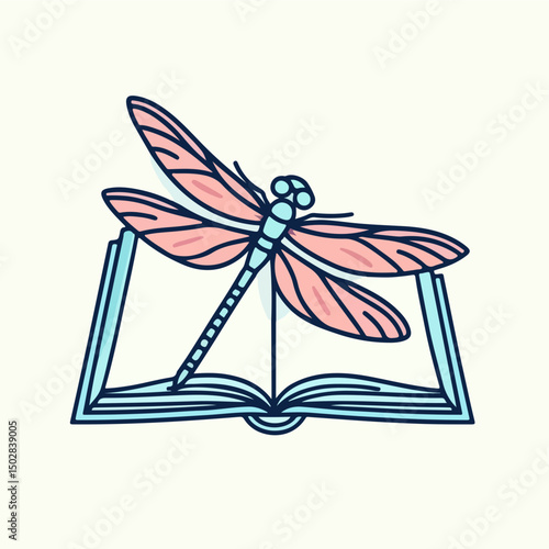 Dragonfly's Story: An artistic, line-drawn image of an open book with a dragonfly gracefully perched on it, rendered in soft, delicate colors. It suggests tales, education, and the beauty of nature.