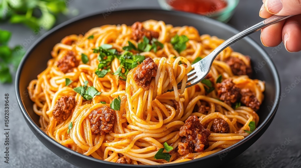 A bowl of spaghetti with meat sauce, garnished with fresh herbs, being twirled on a fork. A bowl of spaghetti with meat sauce, garnished with fresh herbs, being twirled on a fork.
