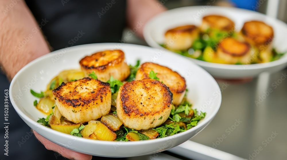 Seared scallops served on a bed of sauteed vegetables and greens, presented in white bowls. Seared scallops served on a bed of sauteed vegetables and greens, presented in white bowls.