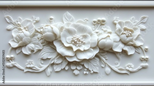 Ornate white floral bas-relief carving.