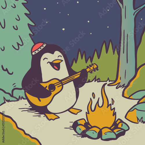 A cheerful penguin strums a guitar and sings by a glowing campfire under the night sky