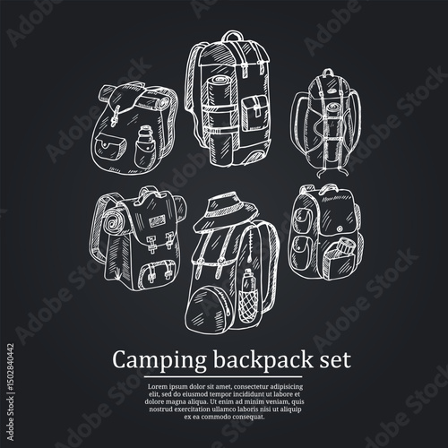Camping backpack hand drawn doodle set. Vector illustration. Isolated elements on white background. Symbol collection.