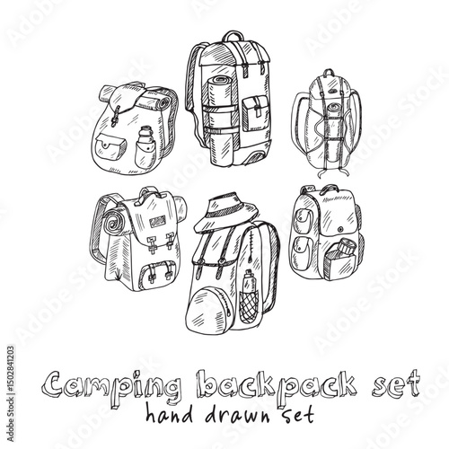 Camping backpack hand drawn doodle set. Vector illustration. Isolated elements on white background. Symbol collection.