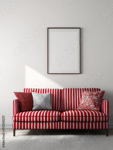 Red and white striped sofa in a modern living room.