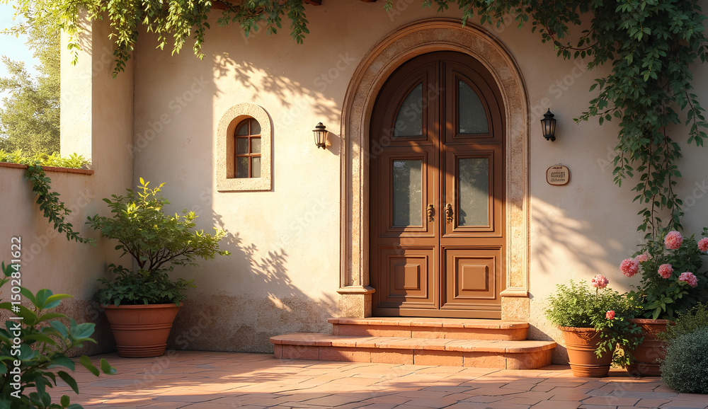 Fototapeta premium Rustic Arch Door with Plants and Sunlight