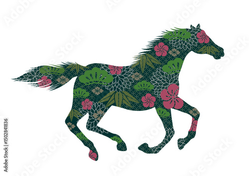 The Year Of The Horse Vector Zodiac Symbol Decorated With Japanese  Vintage Patterns Isolated On A White Background. 