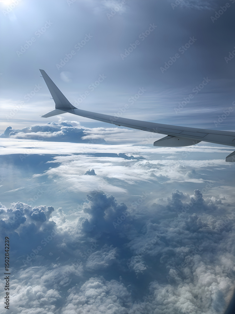 Fototapeta premium Airplane wing flying above white clouds during daytime
