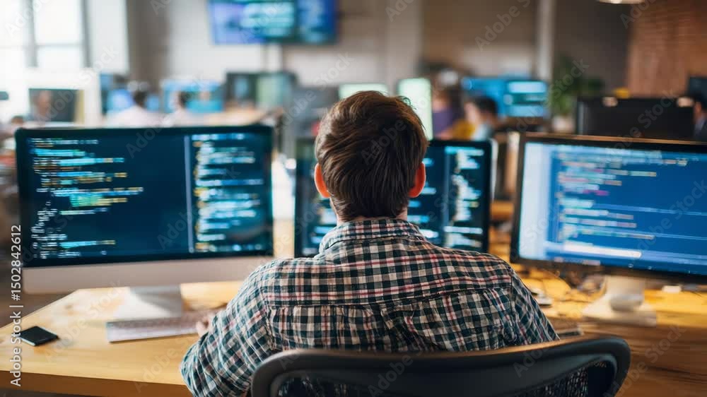 A programmer intently working on a code project