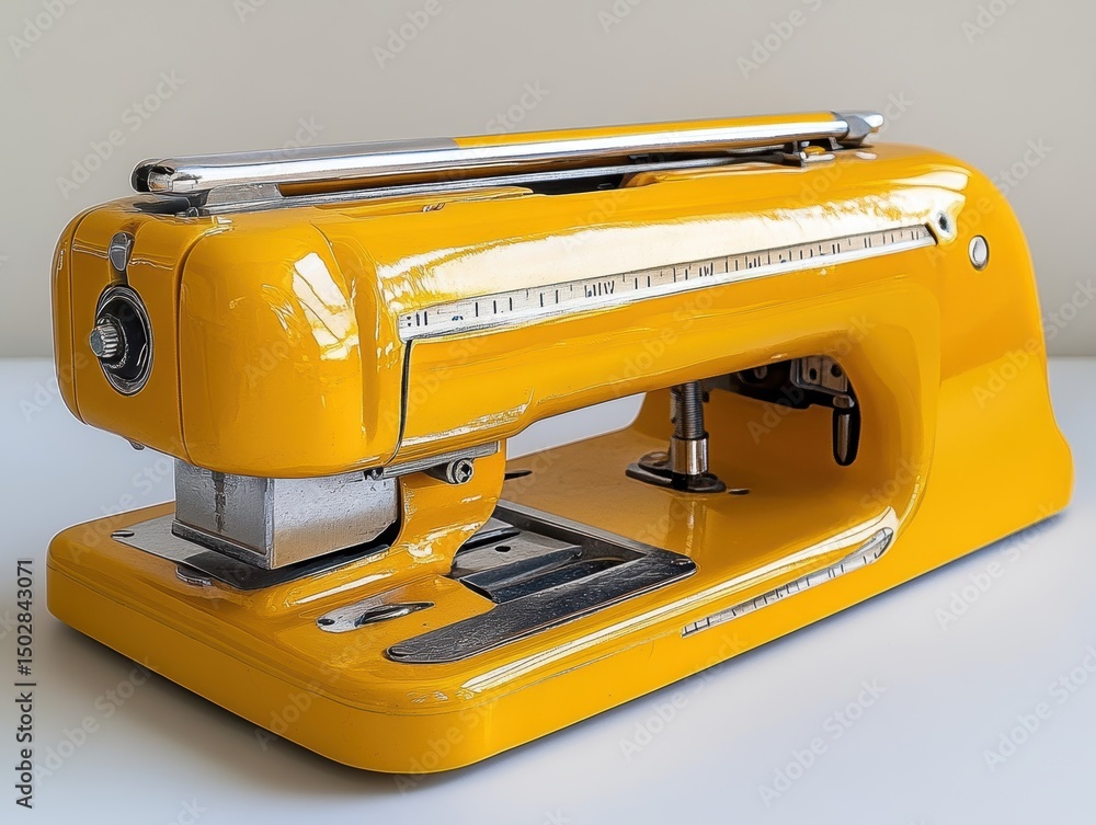 Fototapeta premium Bright yellow vintage sewing machine on a clean surface with soft lighting