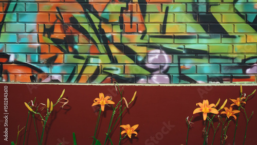 Lilies in front of a brick wall painted with graffiti
