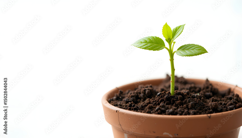 Title: Young Green Sprout Emerging from Soil in a Small Brown Pot Title: Young Green Sprout Emerging from Soil in a Small Brown Pot