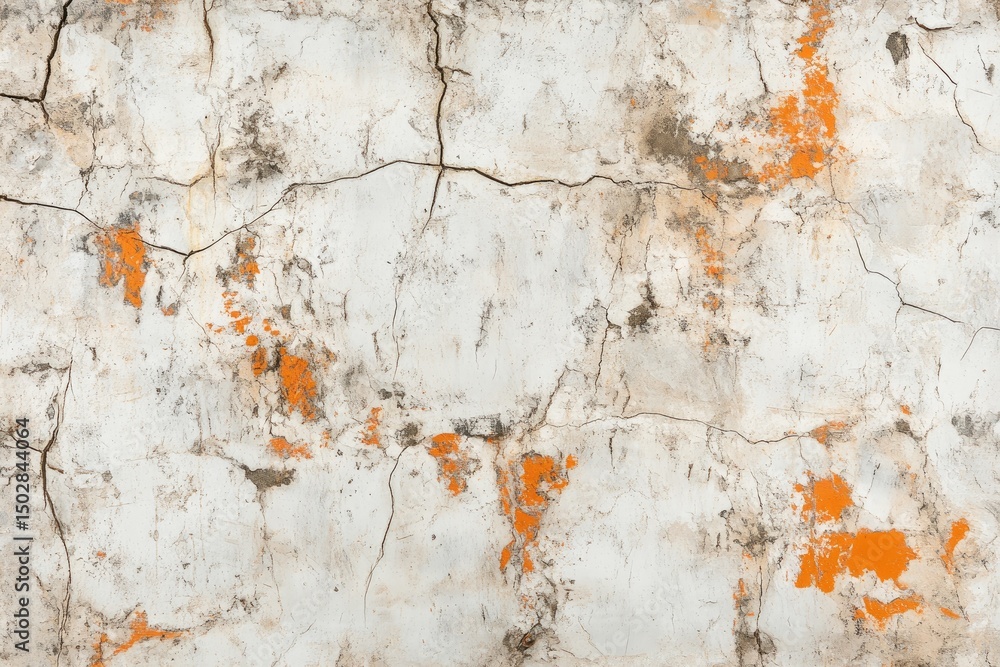 Fototapeta premium Aged, cracked, whitewashed wall with orange stains