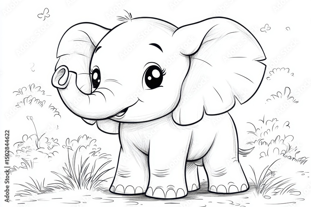 Obraz premium Adorable Baby Elephant Coloring Page Cute Cartoon Animal Illustration for Kids