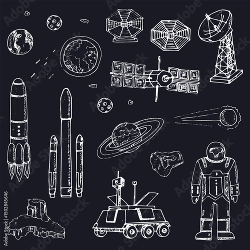 Space exploration isolated hand drawn doodles Vector 