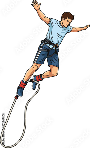 A dynamic vector illustration of a person bungee jumping, isolated on a white background, capturing the thrill and excitement of the activity