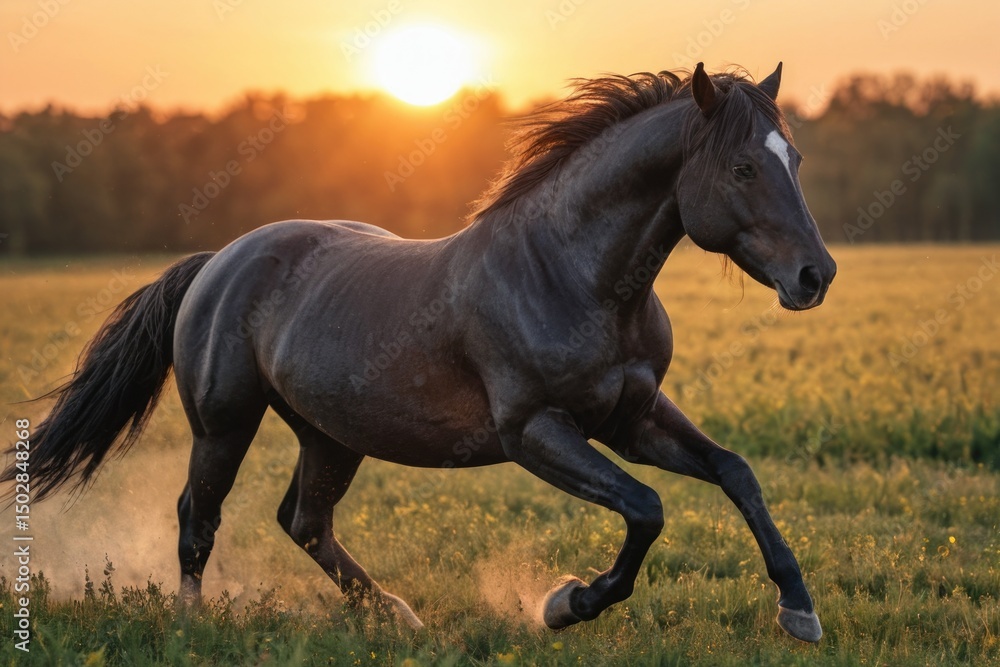 Fototapeta premium A horse runs freely in a green field as the sun sets, creating a warm and peaceful atmosphere