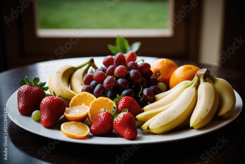 A still life image of a fruit plate on a table with a window view in the background