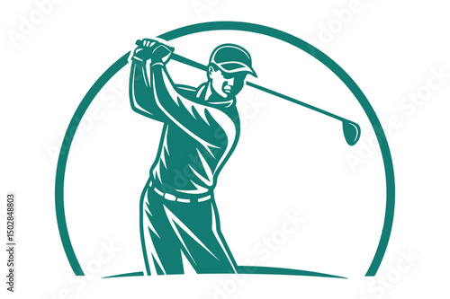 Golfer Silhouette Finishing Swing with Club in Vector Style