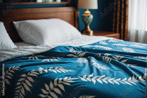 Cozy bedroom scene with a blue comforter and white pillows on the bed