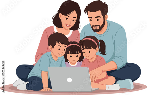 Happy Family Bonding Over Laptop Parents and Children Learning Together