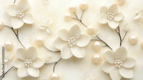 Elegant white flowers and pearls arranged on a light background.