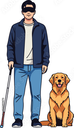 a blind man with a white cane and a golden retriever guide dog, isolated on a white background