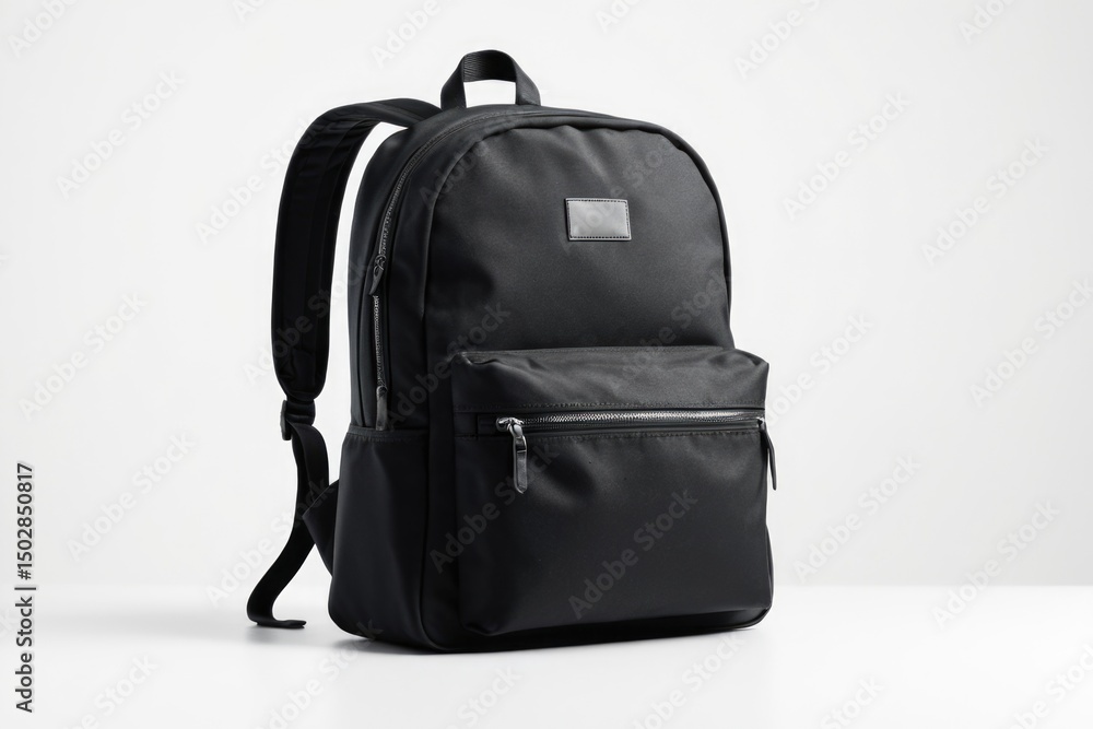 A black backpack resting on a clean white table, perfect for showcasing or storing items A black backpack resting on a clean white table, perfect for showcasing or storing items