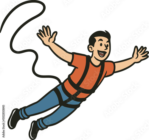 A cheerful cartoon man in an orange shirt and blue pants, wearing a bungee harness, is captured mid-air with his arms outstretched, symbolizing the exhilaration of bungee jumping
