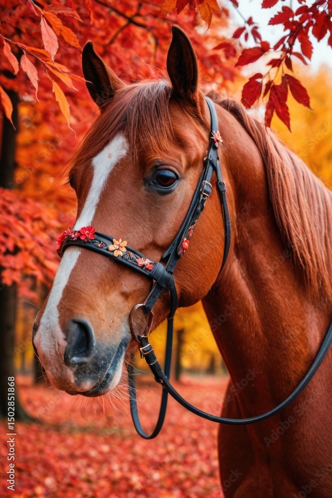 Obraz premium A brown horse stands near a tree, wearing a bridle