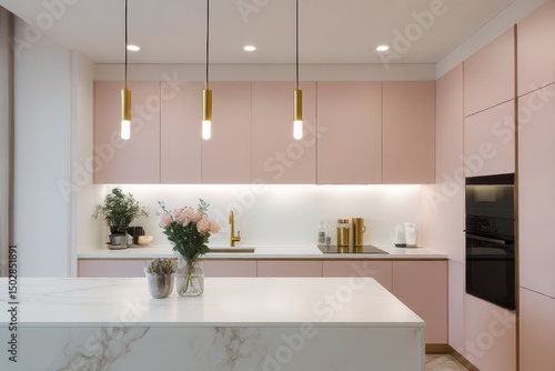 Modern kitchen with pale pink cabinets and a marble countertop.